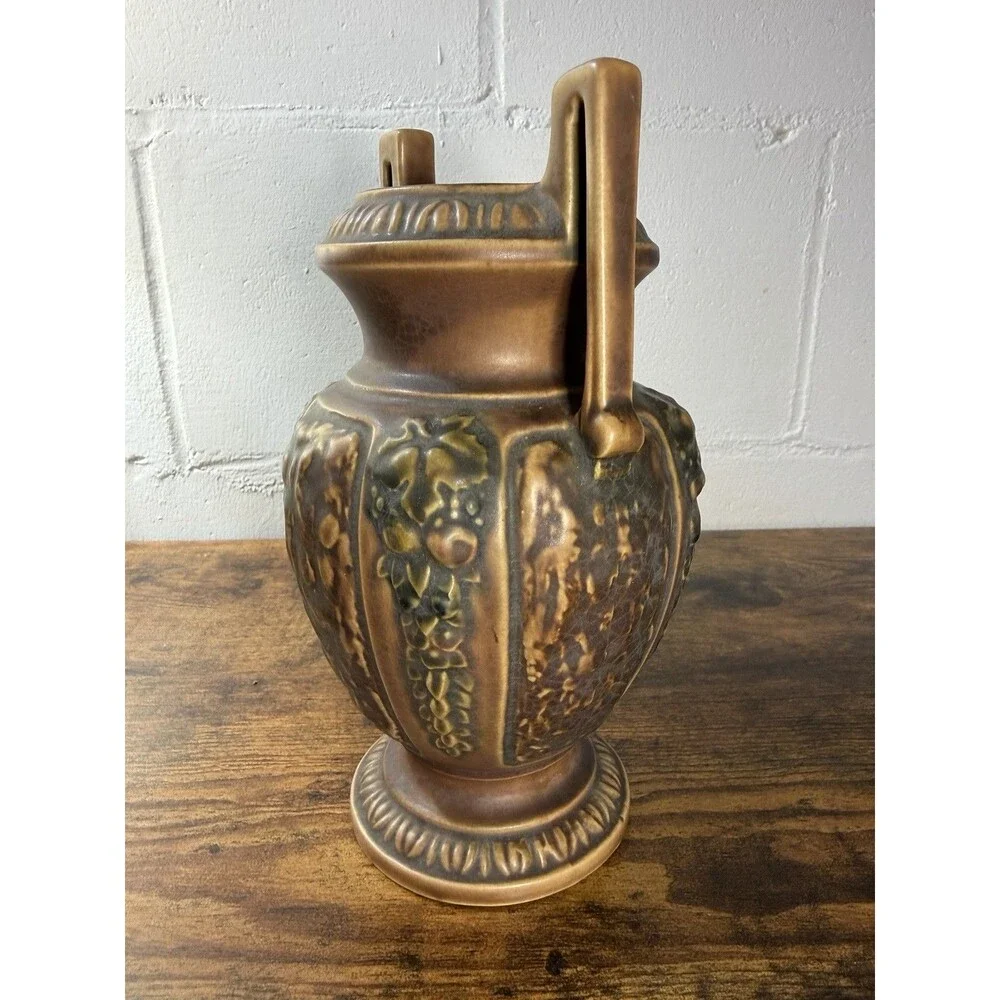 Roseville Pottery Grapevine Amphora Vase Double Handle Brown Art Pottery 8.5”